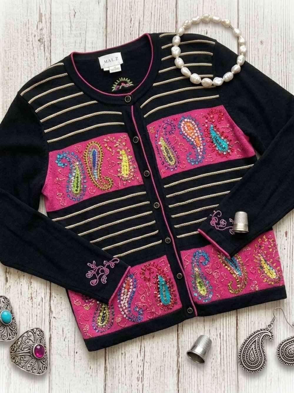 Grandmacore Just B Black Paisley Embroidered Beaded Cardigan